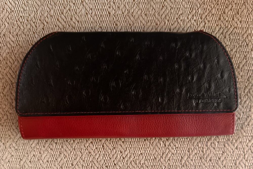 Rogue RFID Wallet Wristlet Clutch Ostrich Print Napa Leather Red Black